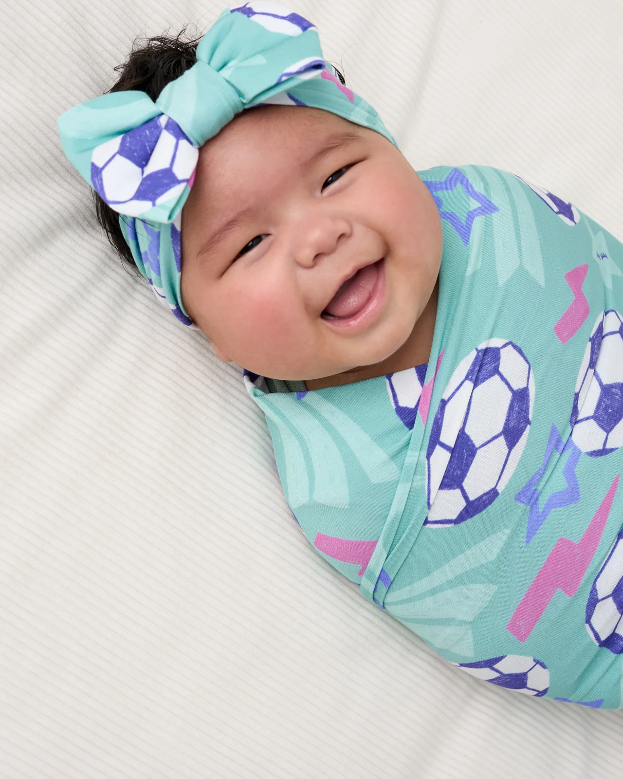 Aqua Soccer Stars Swaddle & Luxe Bow Headband Set - Image 2