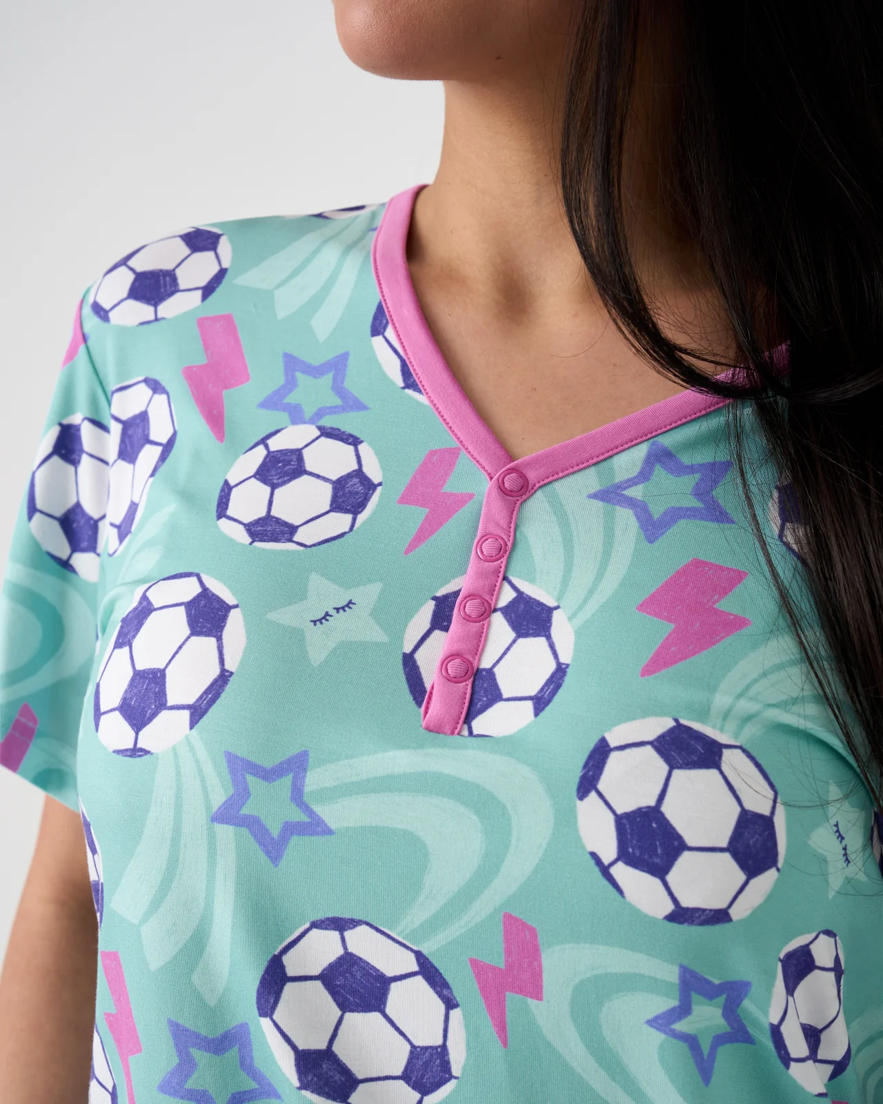 Aqua Soccer Stars Women's Short Sleeve Pajama Top - Image 2
