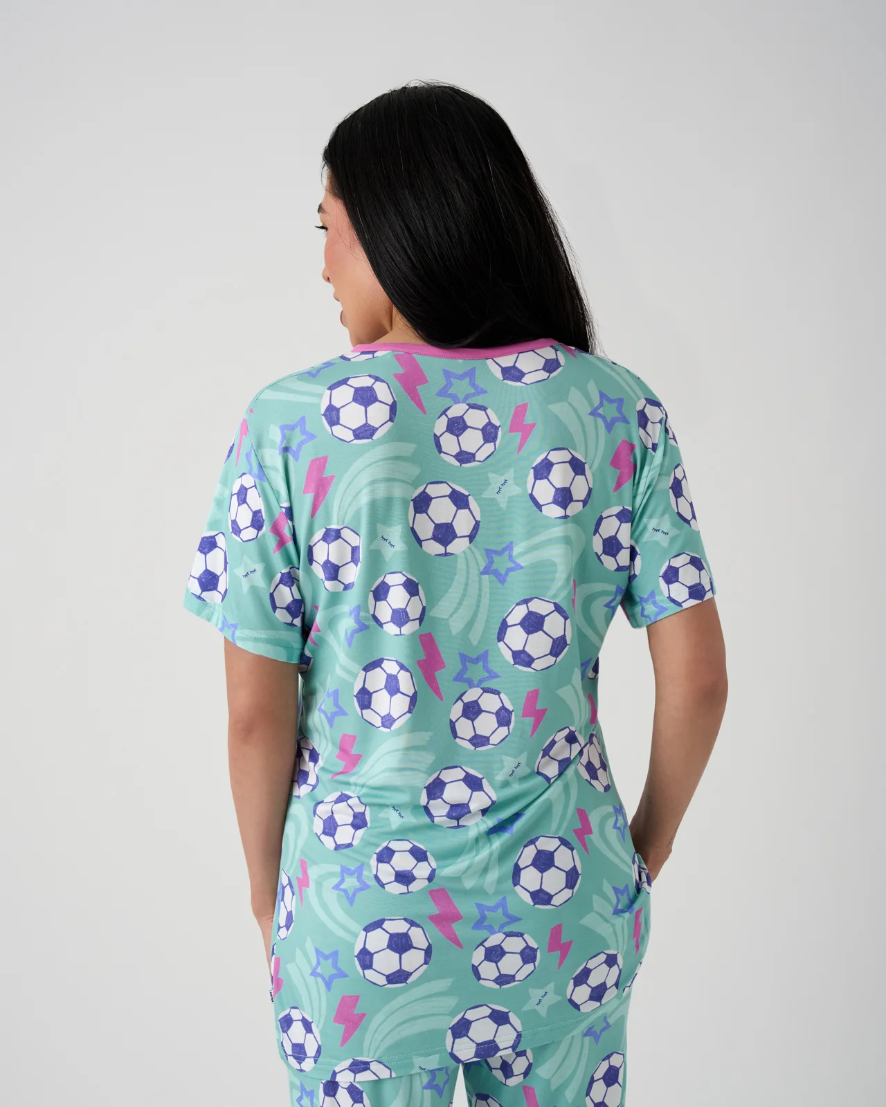 Aqua Soccer Stars Women's Short Sleeve Pajama Top - Image 3