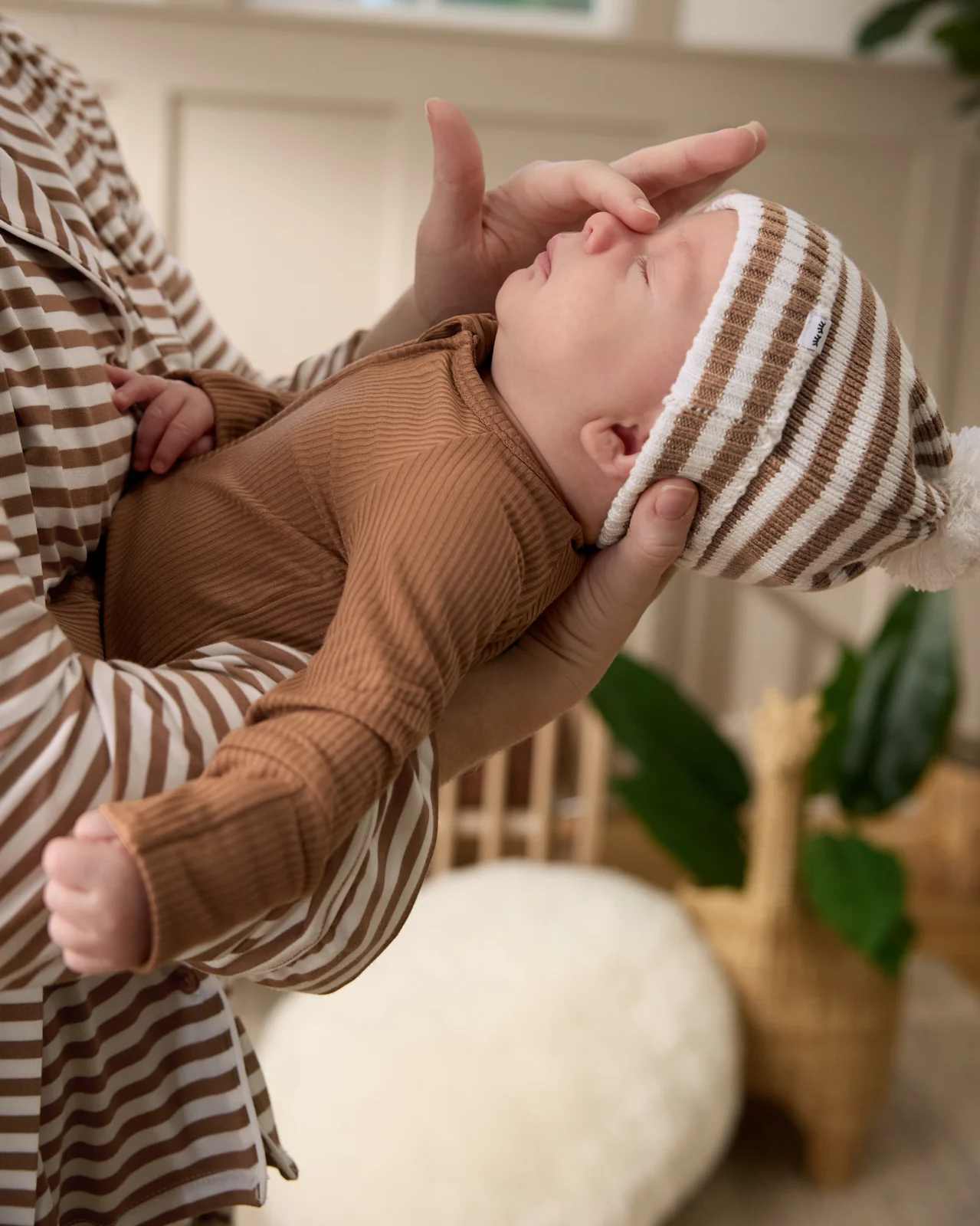 Chestnut Brown Stripe Sweater Beanie Hat - Image 2