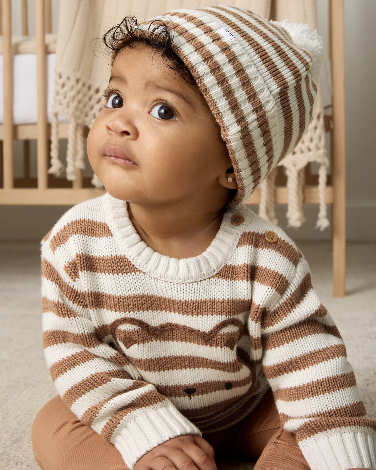 Chestnut Brown Stripe Sweater Beanie Hat - Image 5