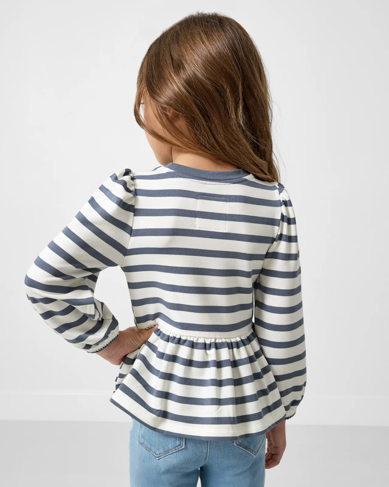 Hazy Blue Stripe Puff Sleeve Peplum Top - Image 4