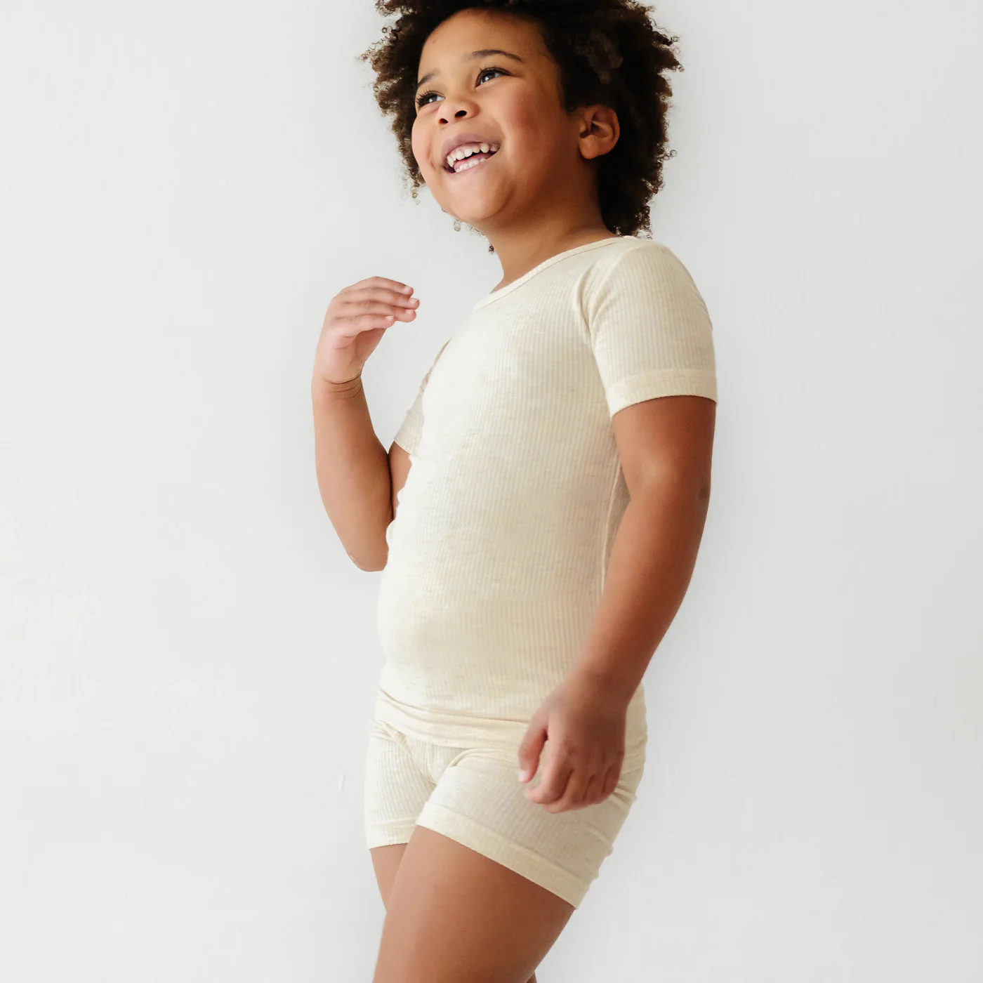 Heather Oatmeal Ribbed Two-Piece Short Sleeve & Shorts Pajama Set - Image 3