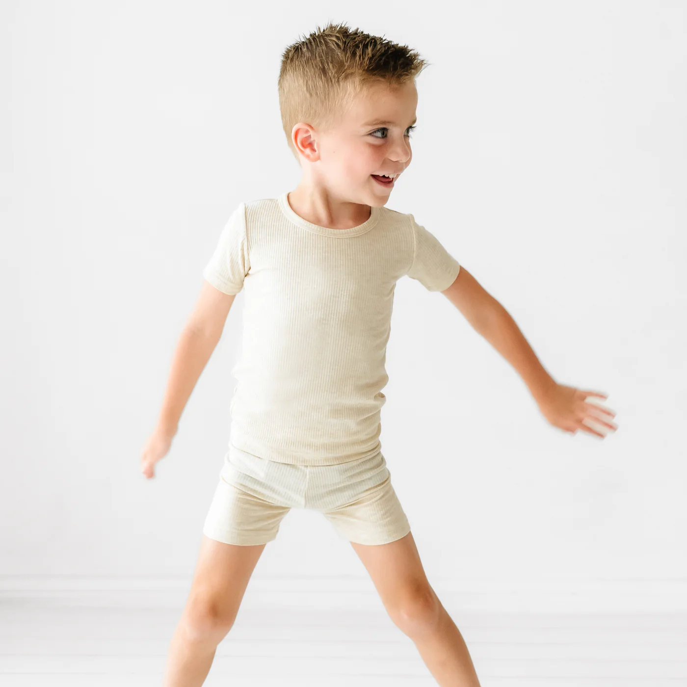 Heather Oatmeal Ribbed Two-Piece Short Sleeve & Shorts Pajama Set - Image 4