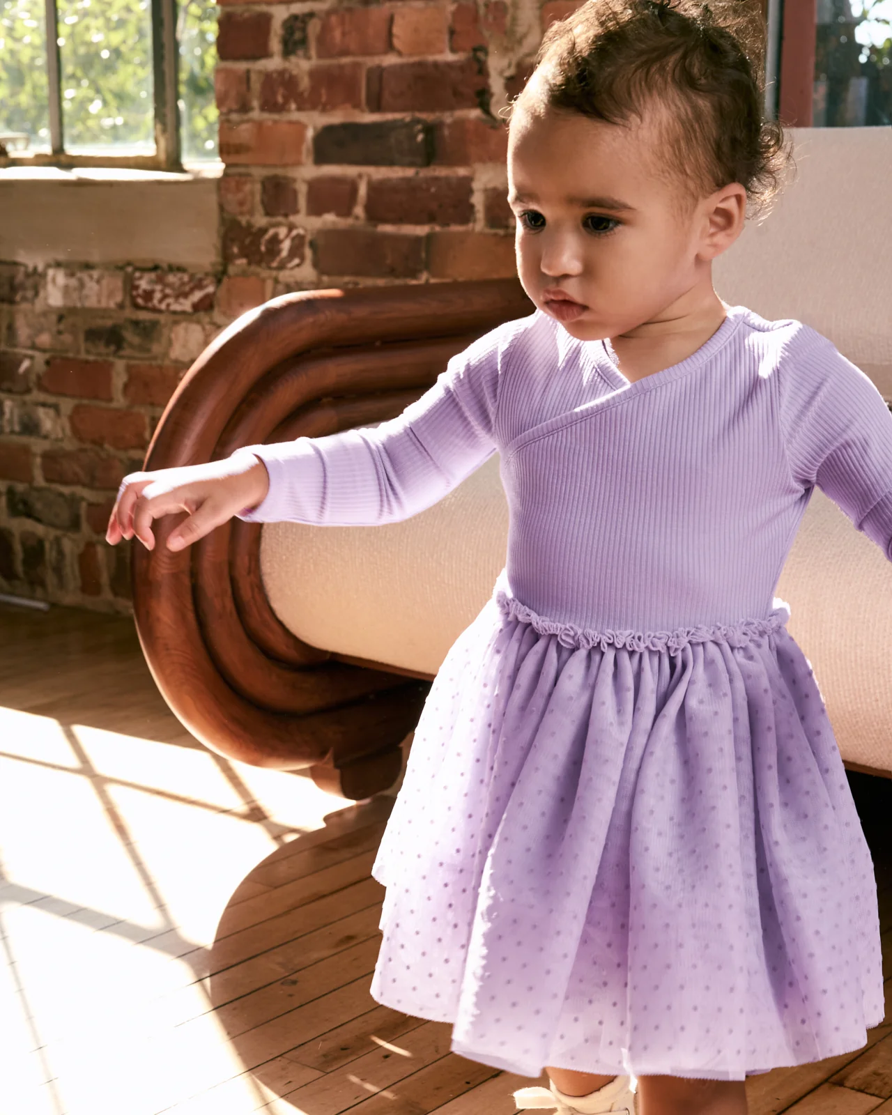 Powder Lilac Ribbed Layered Tulle Dress with Bloomer - Image 3